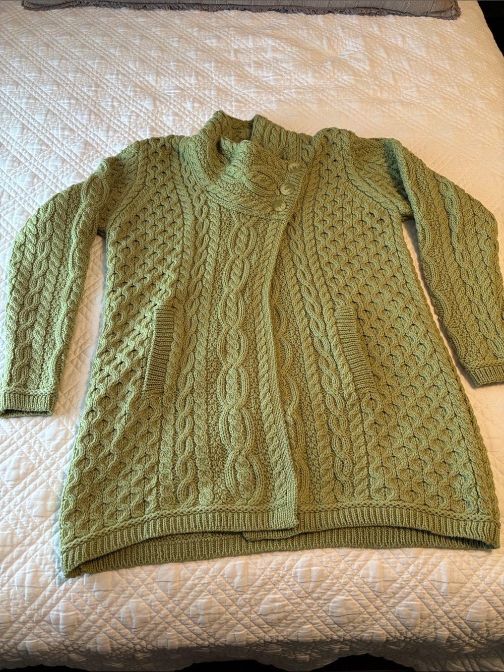 Aran Crafts Green Cable Knit Buttoned Collar Cardigan